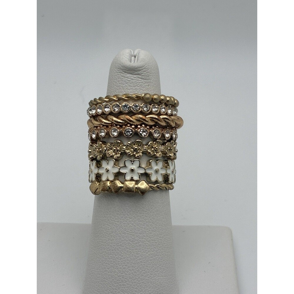 7 Gold Tone Rhinestone Stacking Rings Sizes 7-8 Flower Twists Geometric